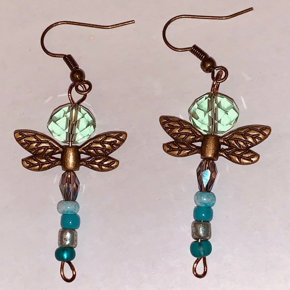 Handmade green translucent dragonfly earrings